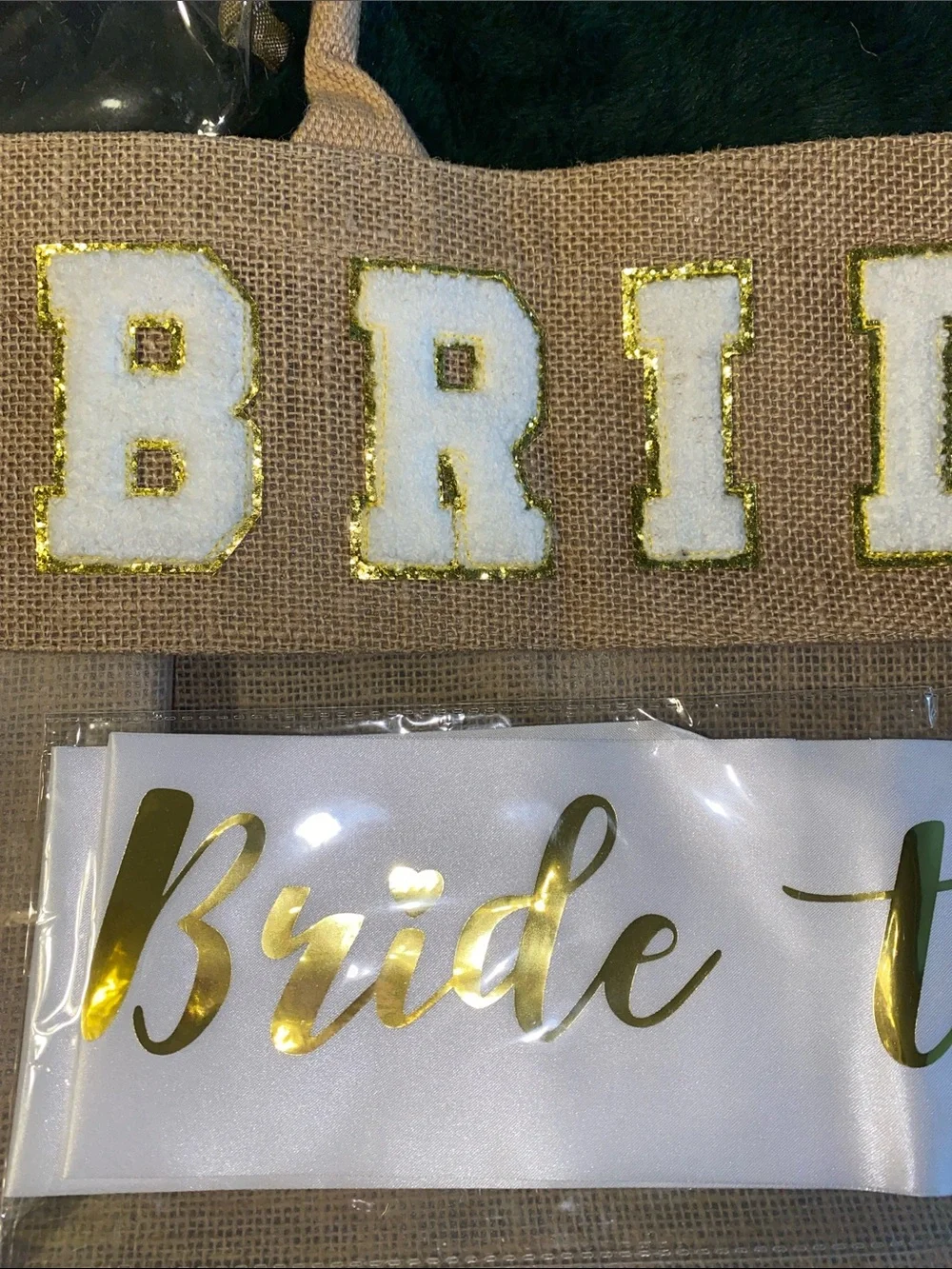 Bride Tote, Sash, Veil & Pouch Set in White and Gold